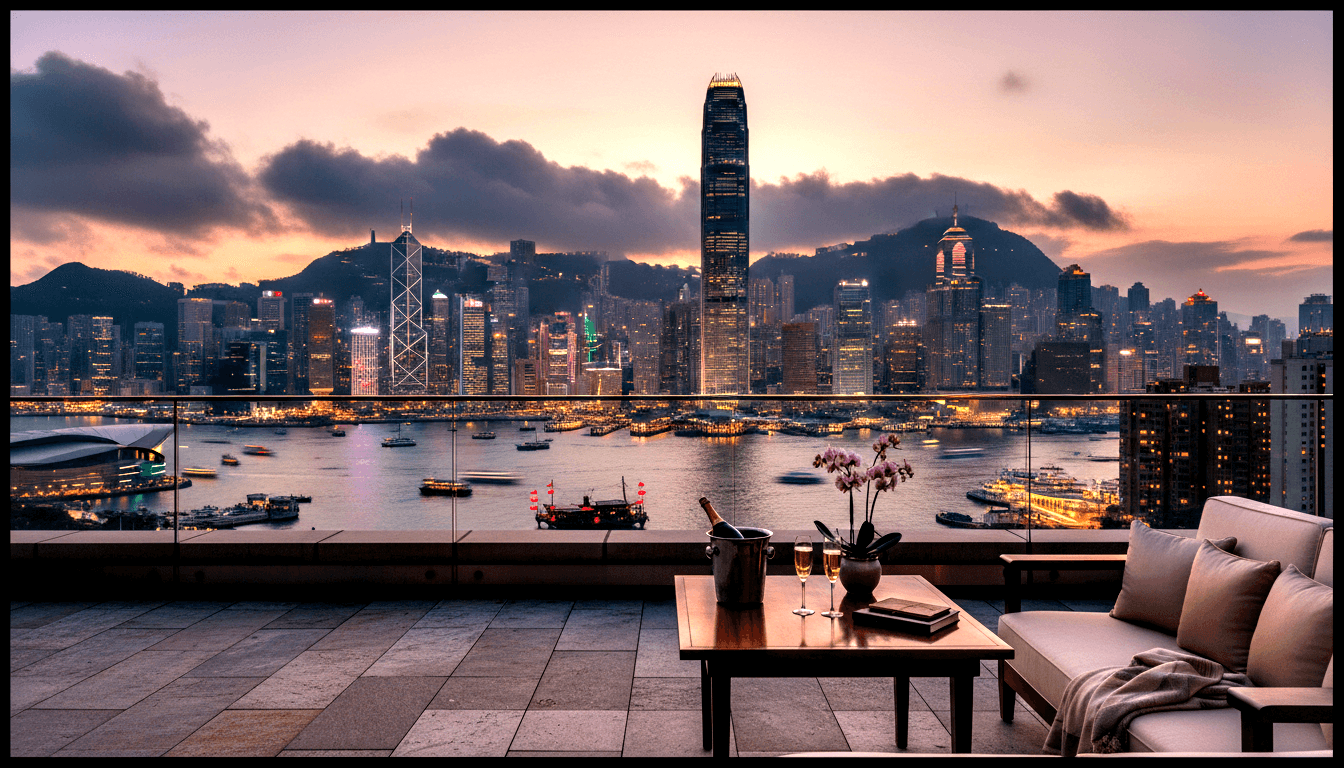 Rooftop terrace with sofa, champagne flutes, orchid overlooking harbor with red-sailed junk and lit skyscraper skyline at dusk.