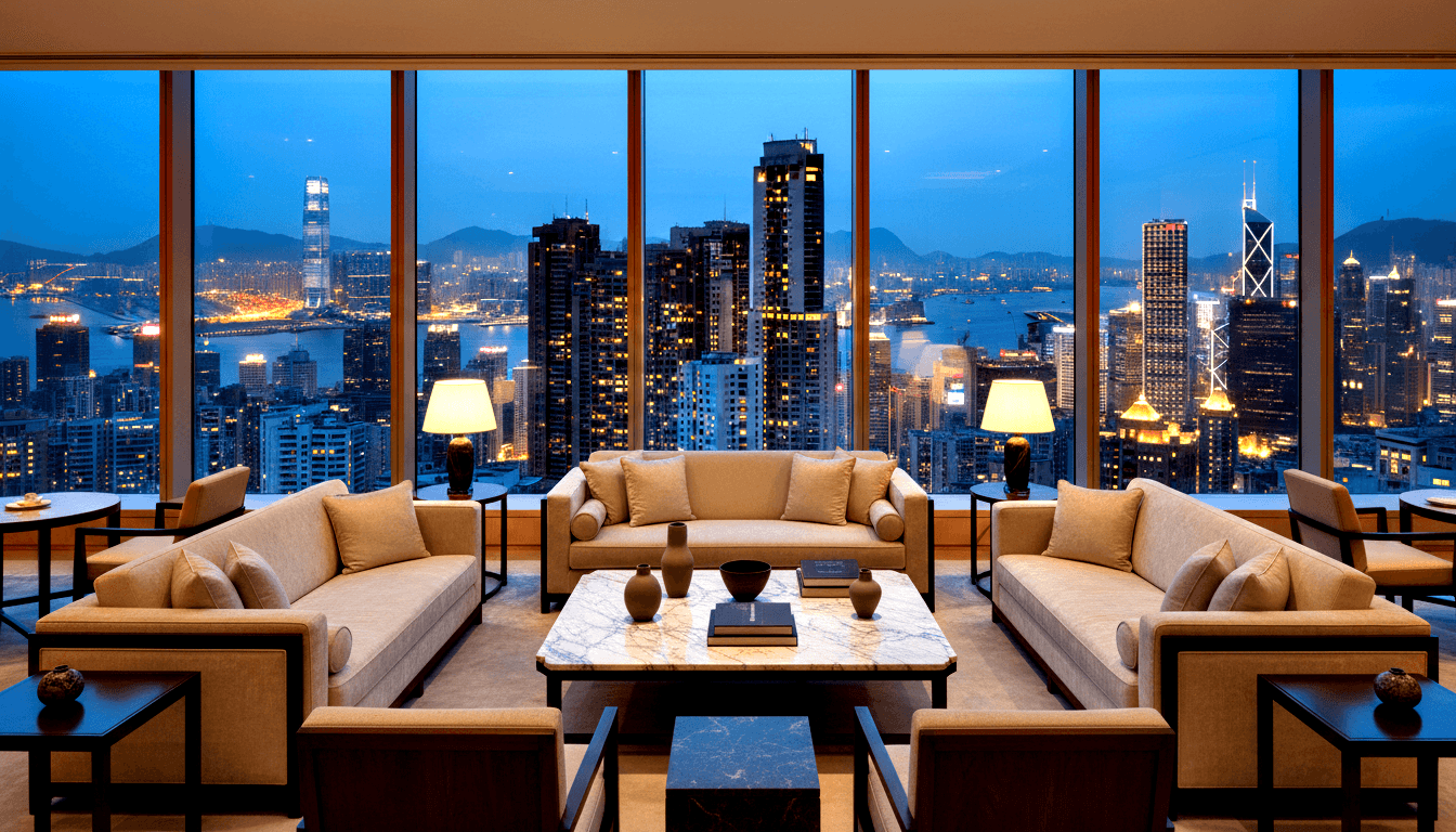 High-rise lounge with beige sofas around a marble coffee table, floor-to-ceiling windows showing a harbor skyline at blue-hour dusk.