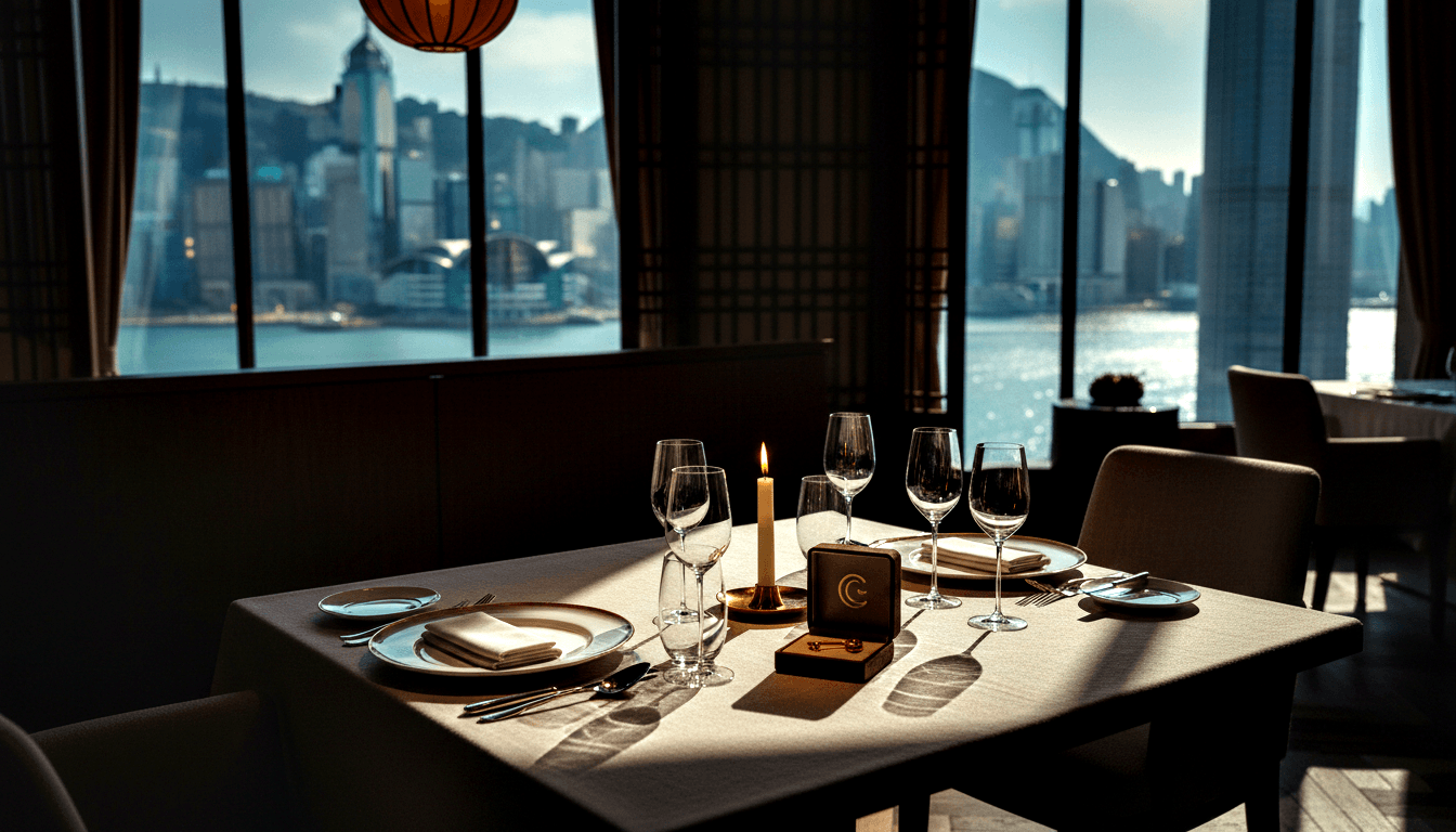 Dinner table for two with plates, crystal glasses, open jewelry box, burning candle; waterfront skyline through floor-to-ceiling windows.