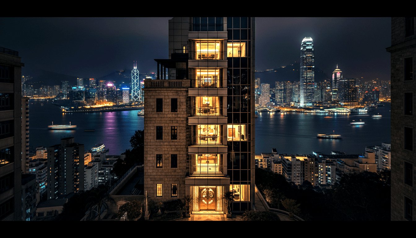 Ornate stone and glass tower glowing amber at night on urban hillside, overlooking harbor with glittering skyline beyond.