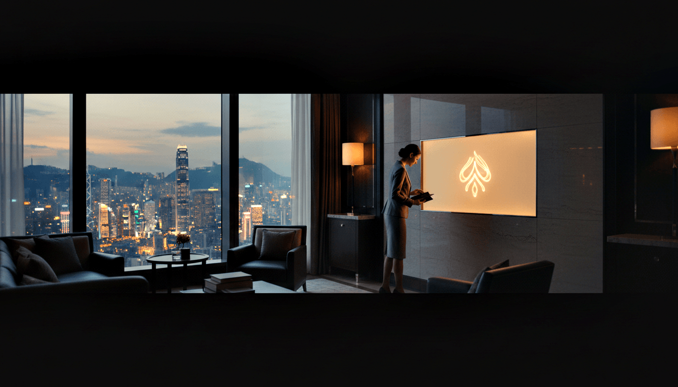 Woman in grey blazer and skirt holds notepad before large illuminated wall panel with glowing amber flame emblem in dim lounge.