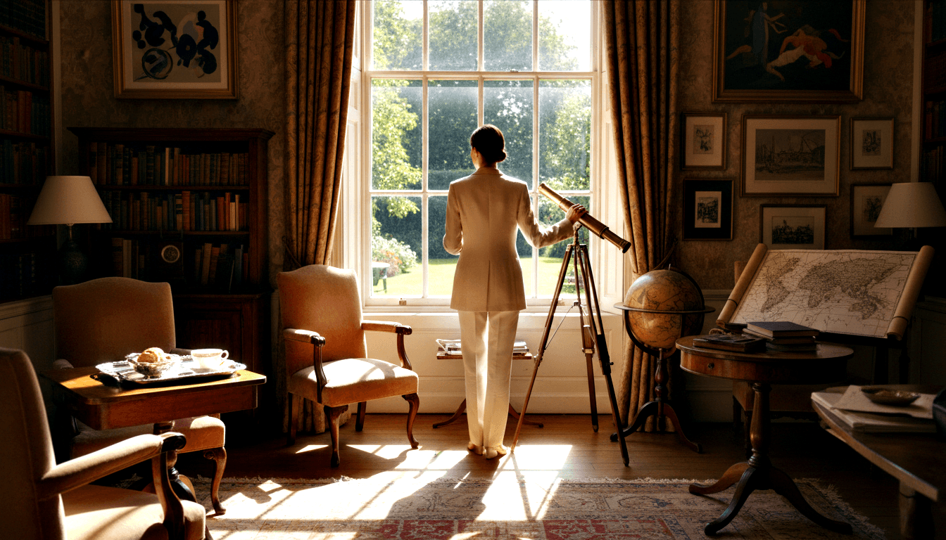 Dark-haired figure in white blazer, back to camera, hand on brass telescope on tripod before a large sunlit sash window in a study.