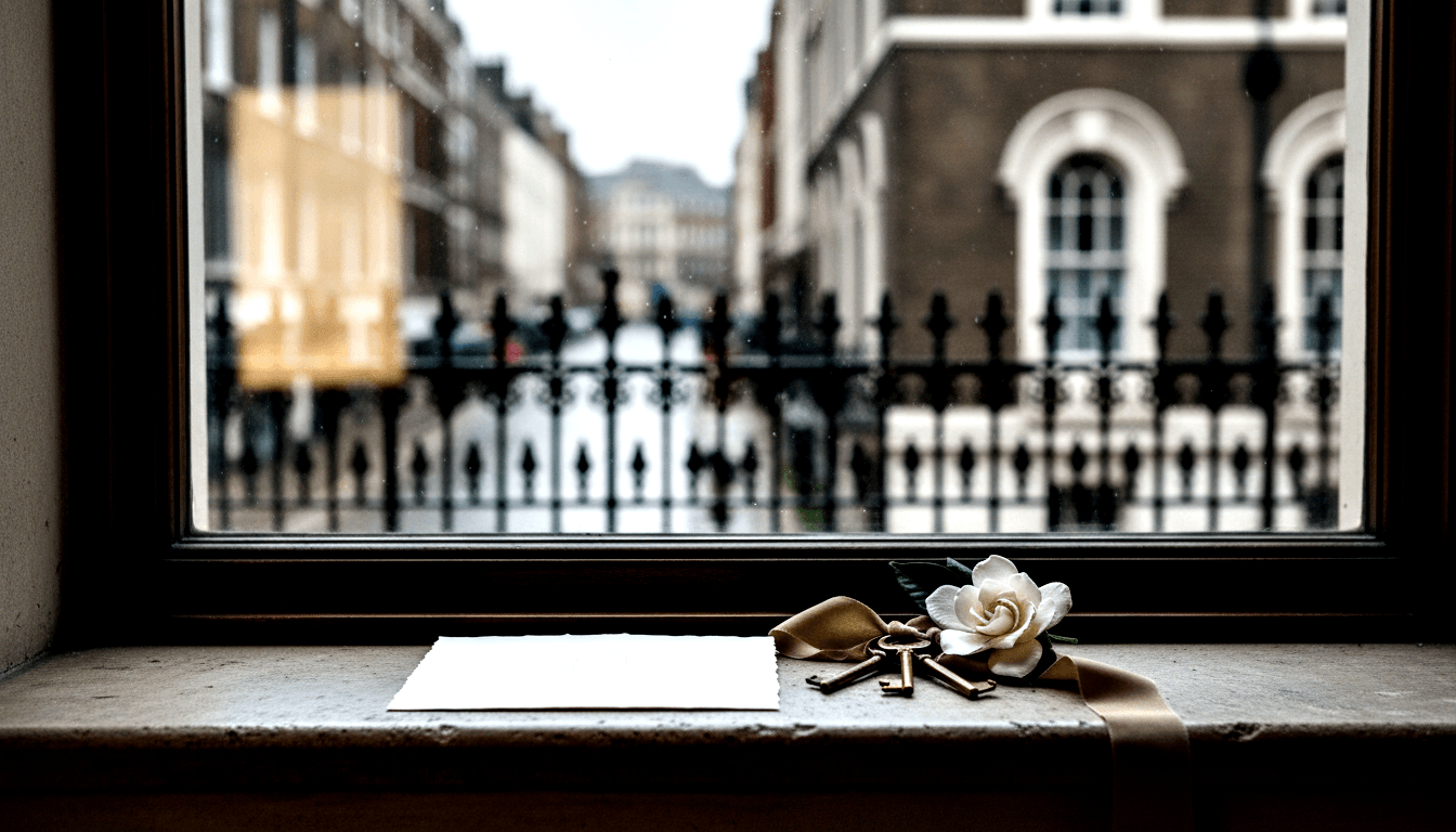Stone windowsill with white envelope, two brass skeleton keys tied with satin ribbon, and white bloom; rain-covered glass overlooks wet street.
