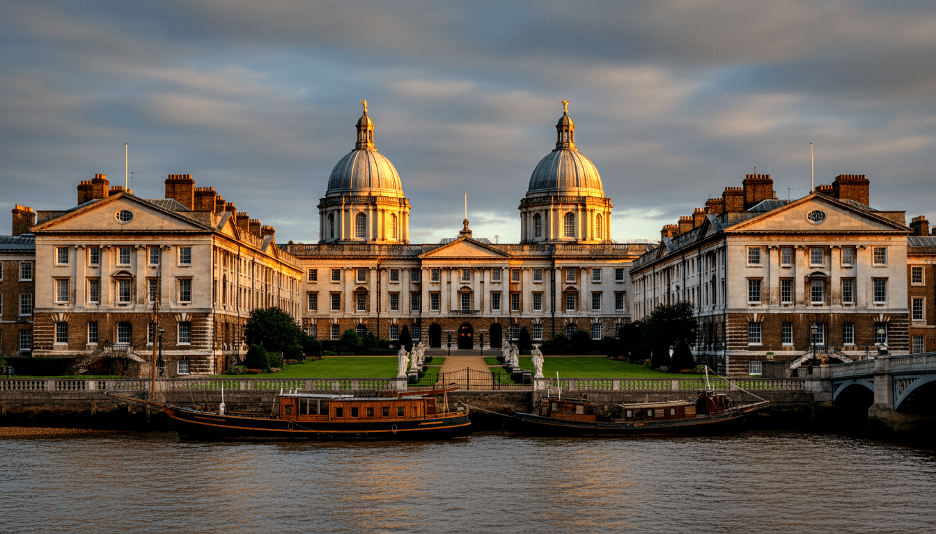 Symmetrical Baroque complex with two domed towers, pale limestone facade, colonnaded wings, and ornate iron gates along a wide river.