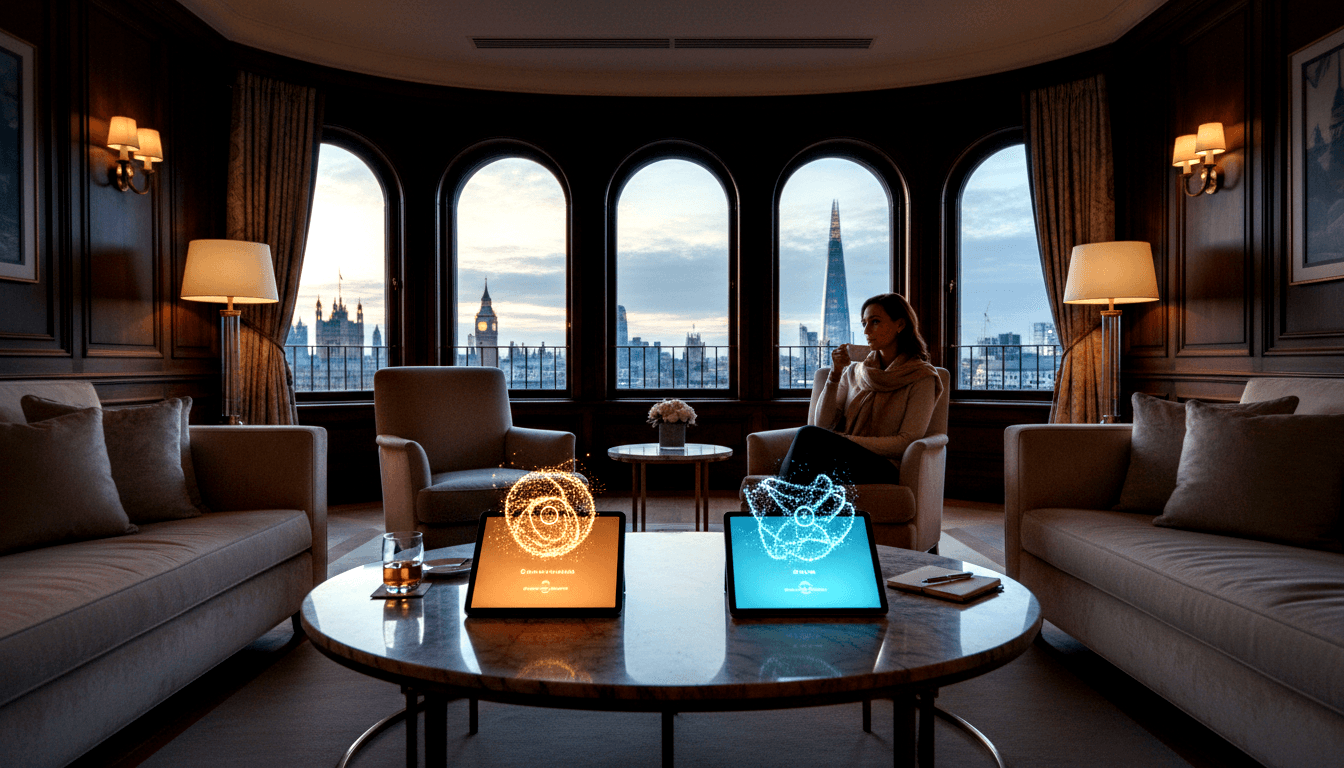 Dark wood-paneled lounge with two holographic orbs—amber and cyan—rising from tablets on a marble coffee table; woman in armchair holds a cup.