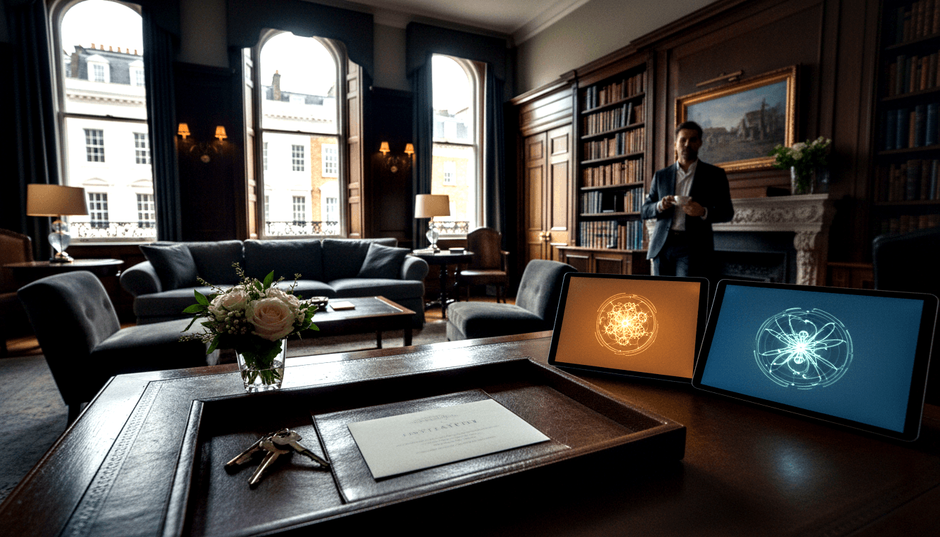 Leather desk with keys, card, white flowers, two lit tablets; wood-paneled room, bookshelves, marble fireplace, arched windows.