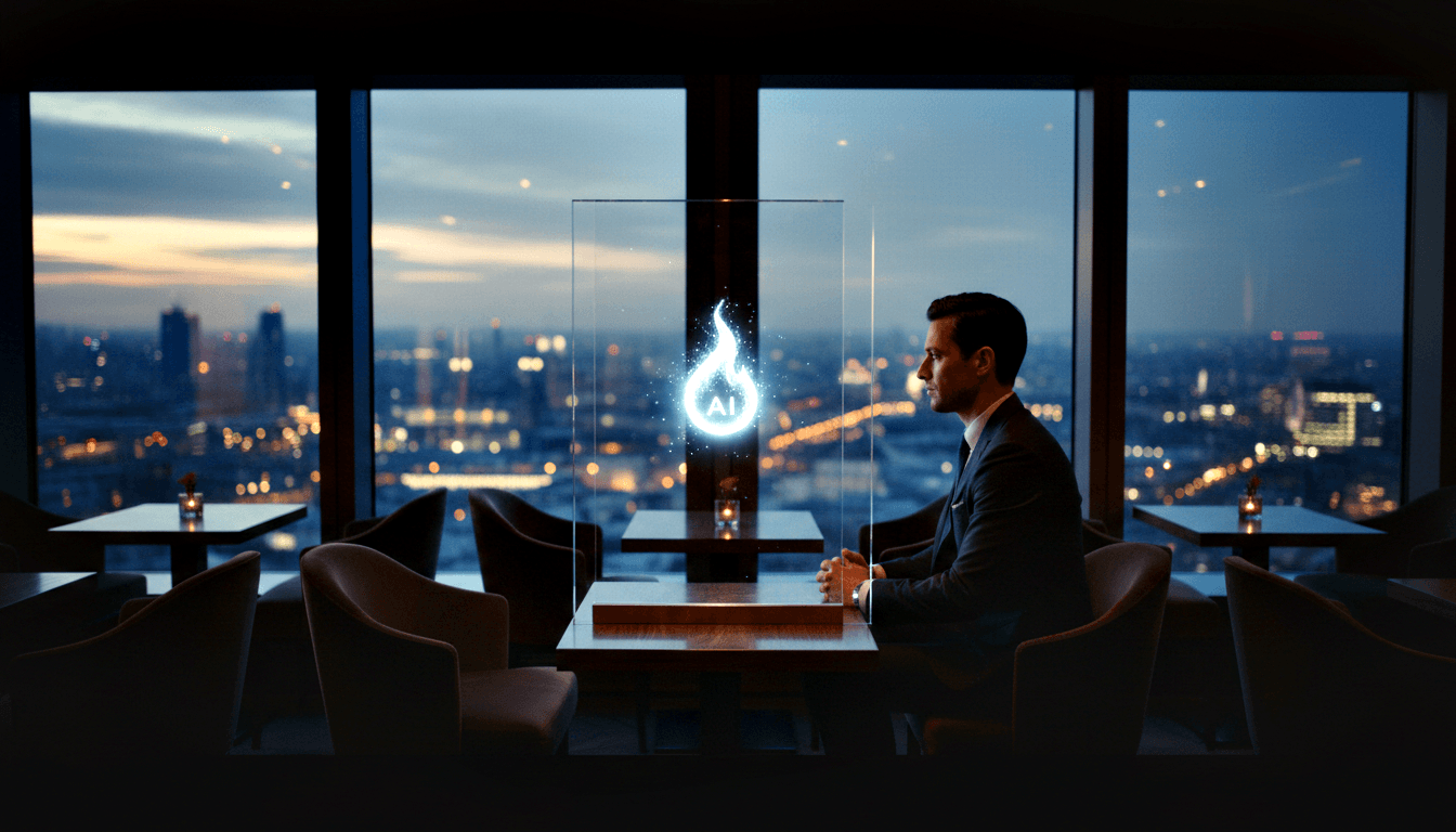 Man in dark suit sits in dim high-rise lounge facing glowing holographic panel with flame symbol and 'AI' text; city skyline behind.