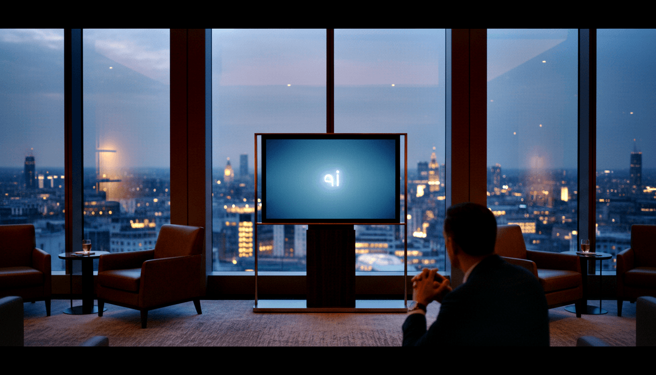 Man in dark suit faces large monitor with glowing teal symbol; orange armchairs flank him, night skyline visible behind.