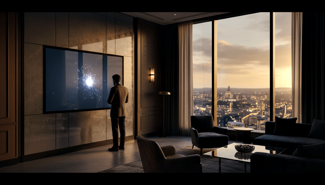 Man in dark blazer faces large screen with white-blue starburst on marble wall; amber sunset cityscape through tall windows.
