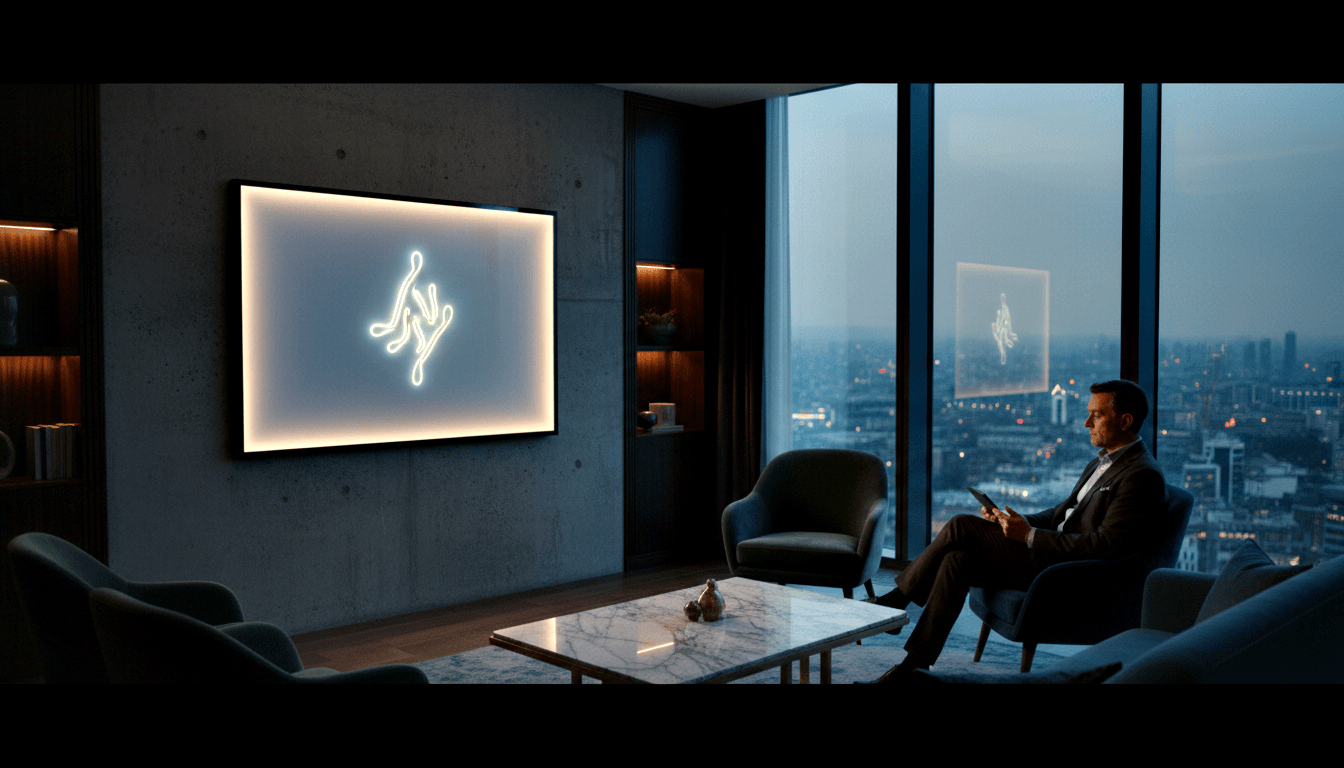 Man in dark suit sits in armchair holding small device, facing wall-mounted screen with glowing white neon abstract symbol.