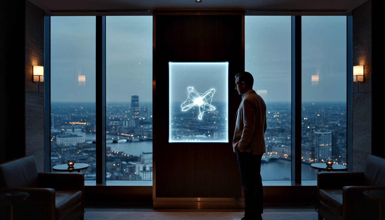 Man in tan blazer stands in profile, hands clasped, gazing at an illuminated atomic orbital symbol on a wood-paneled wall at night.