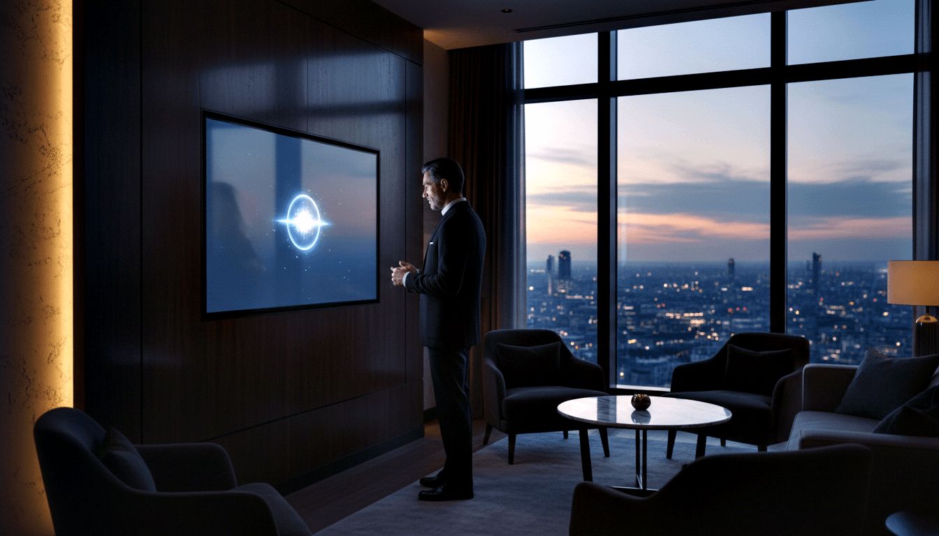 Man in dark suit gestures toward glowing circular screen on wood-paneled wall; dim room, marble table, twilight skyline beyond.