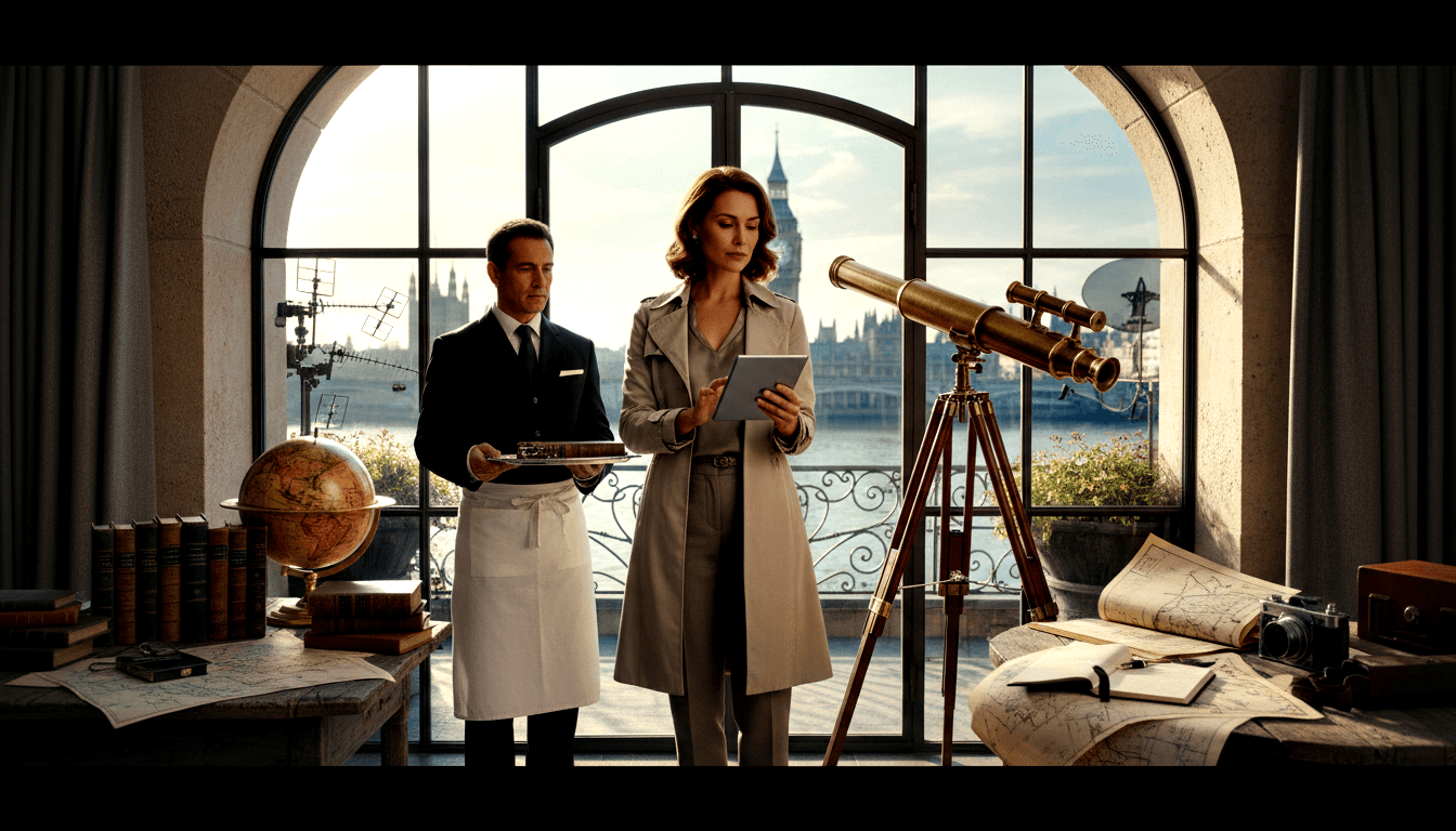 Woman in beige trench coat holds tablet before arched window; man in dark suit holds tray nearby; brass telescope, globe, and maps on table.