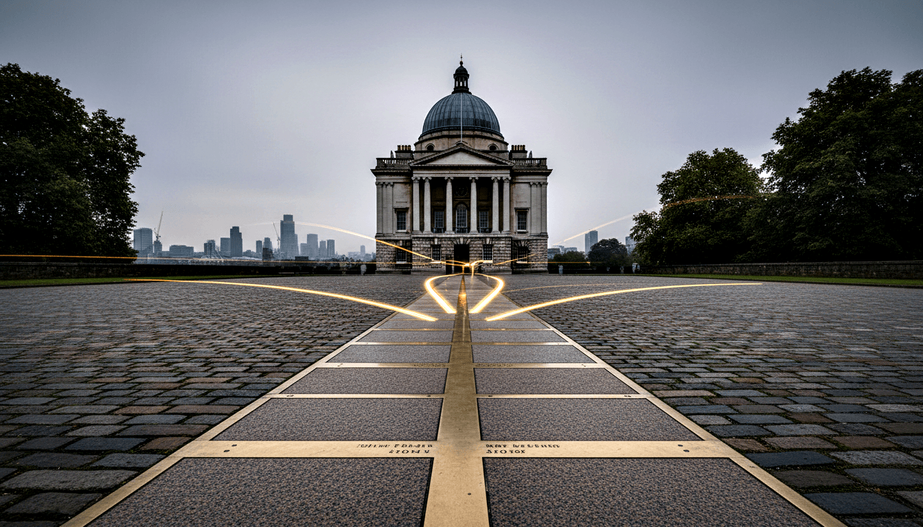Neoclassical domed building with Corinthian columns and portico; cobblestone forecourt with amber-gold light trails in bow-tie arc pattern.