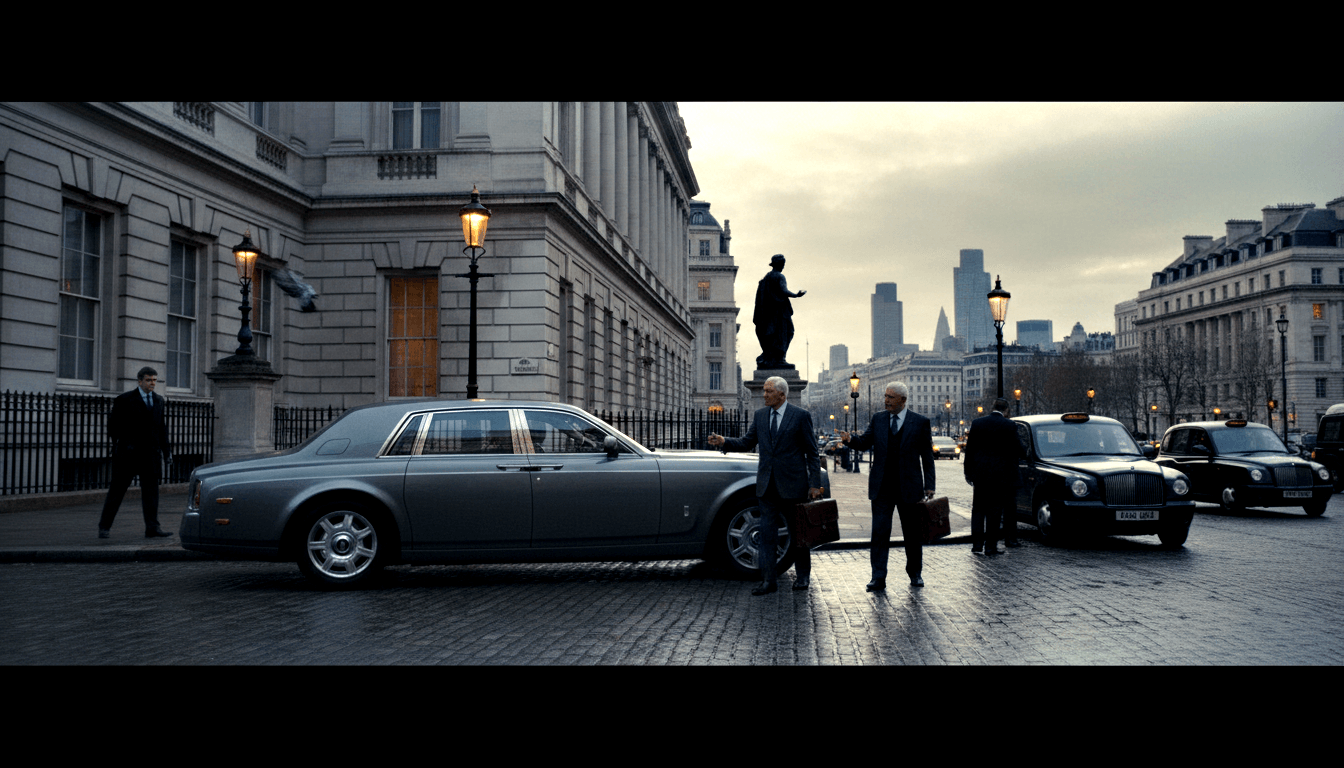 Silver-grey luxury sedan on cobblestone flanked by black cabs before a neoclassical stone building; three to four men in dark suits nearby.