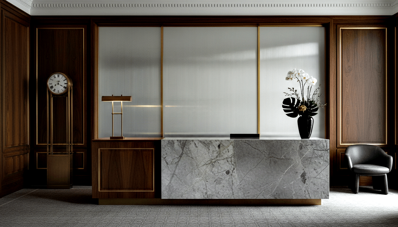 Marble reception desk with grey and white veining, brass base trim, and dark top, flanked by a brass floor clock and dark accent chair.