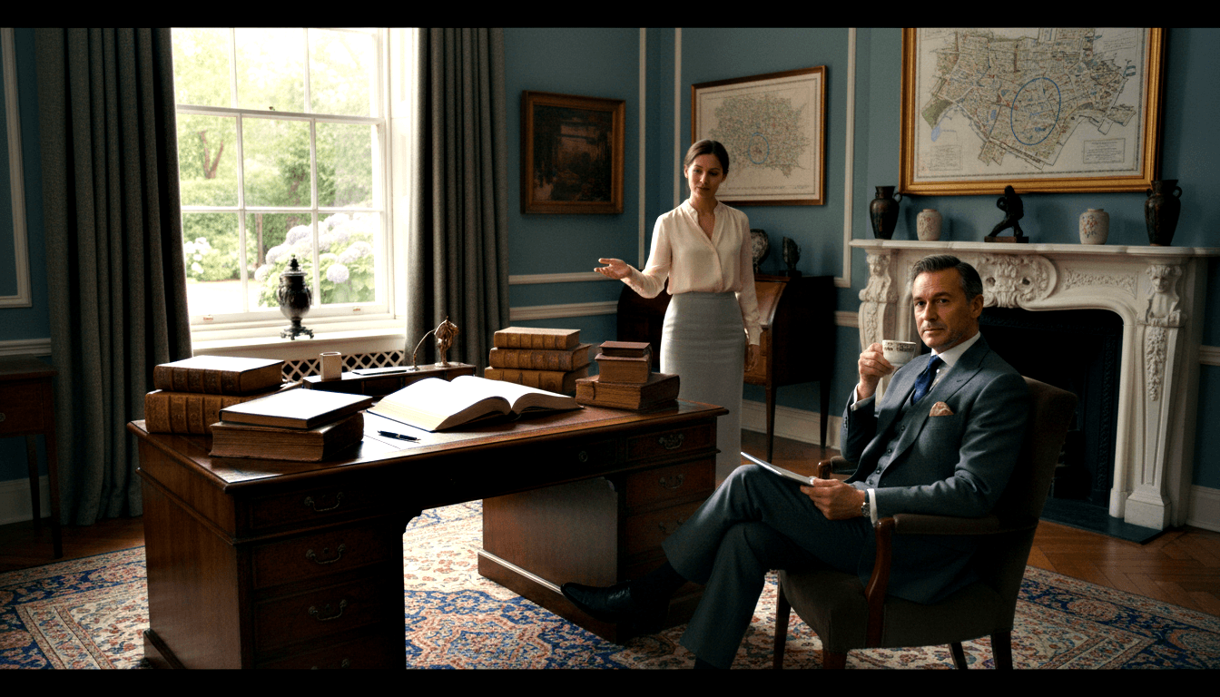 Man in dark grey suit sits in leather armchair with teacup while woman in white blouse gestures at mahogany desk in slate-blue study.