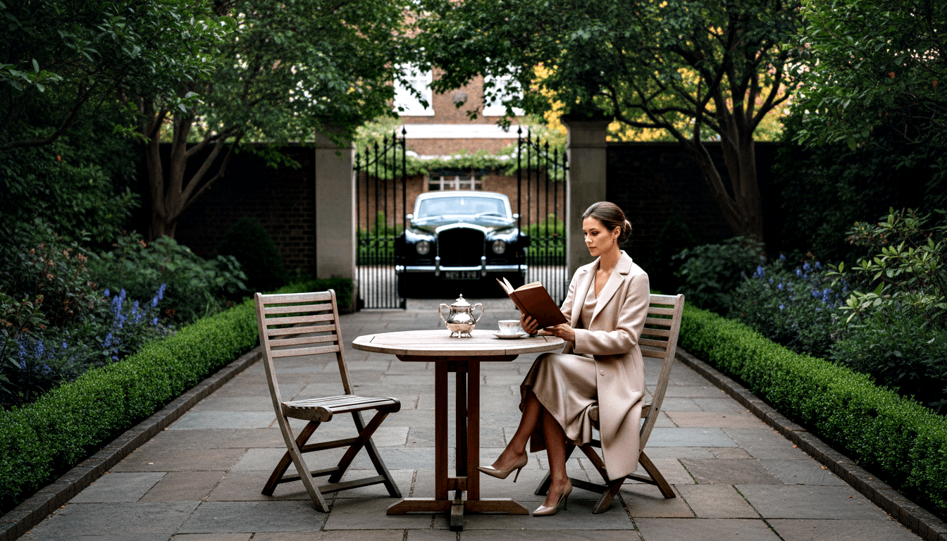 Woman in beige coat-dress reads red hardcover book at round table on garden path beside silver tea service.