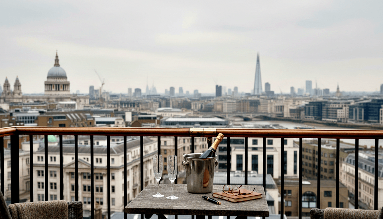 Stone balcony table with ice bucket, dark green bottle, two crystal flutes, leather notebook, pen, and glasses; overcast urban skyline behind.