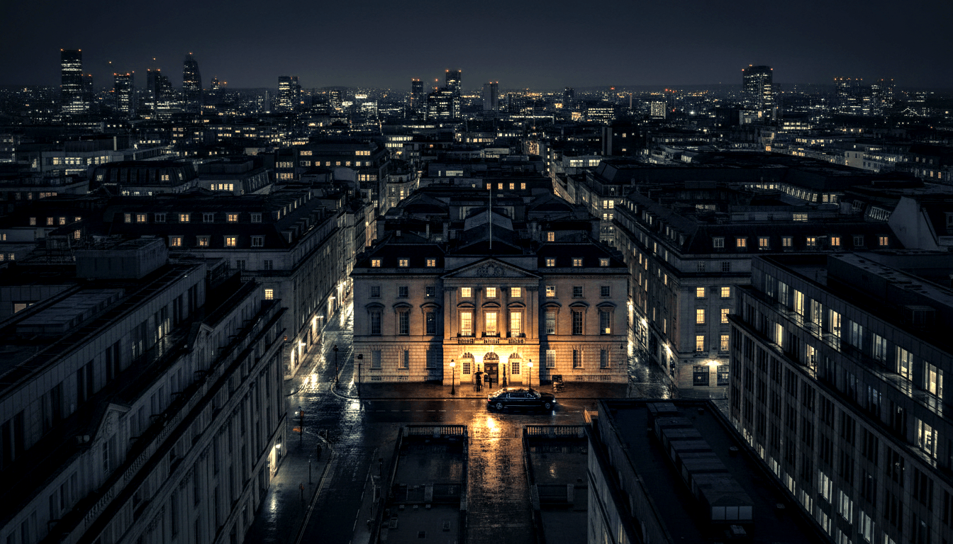 Night cityscape with wide wet street leading to a glowing neoclassical building with columned portico and pediment.