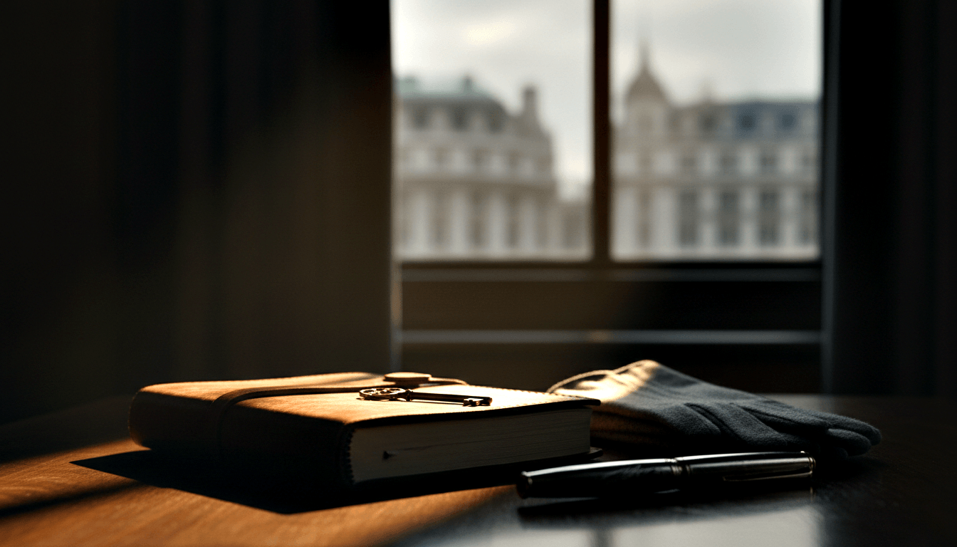Closed leather-bound journal with ornate skeleton key on top, charcoal gloves folded beside it, metal pen in foreground on wooden desk.