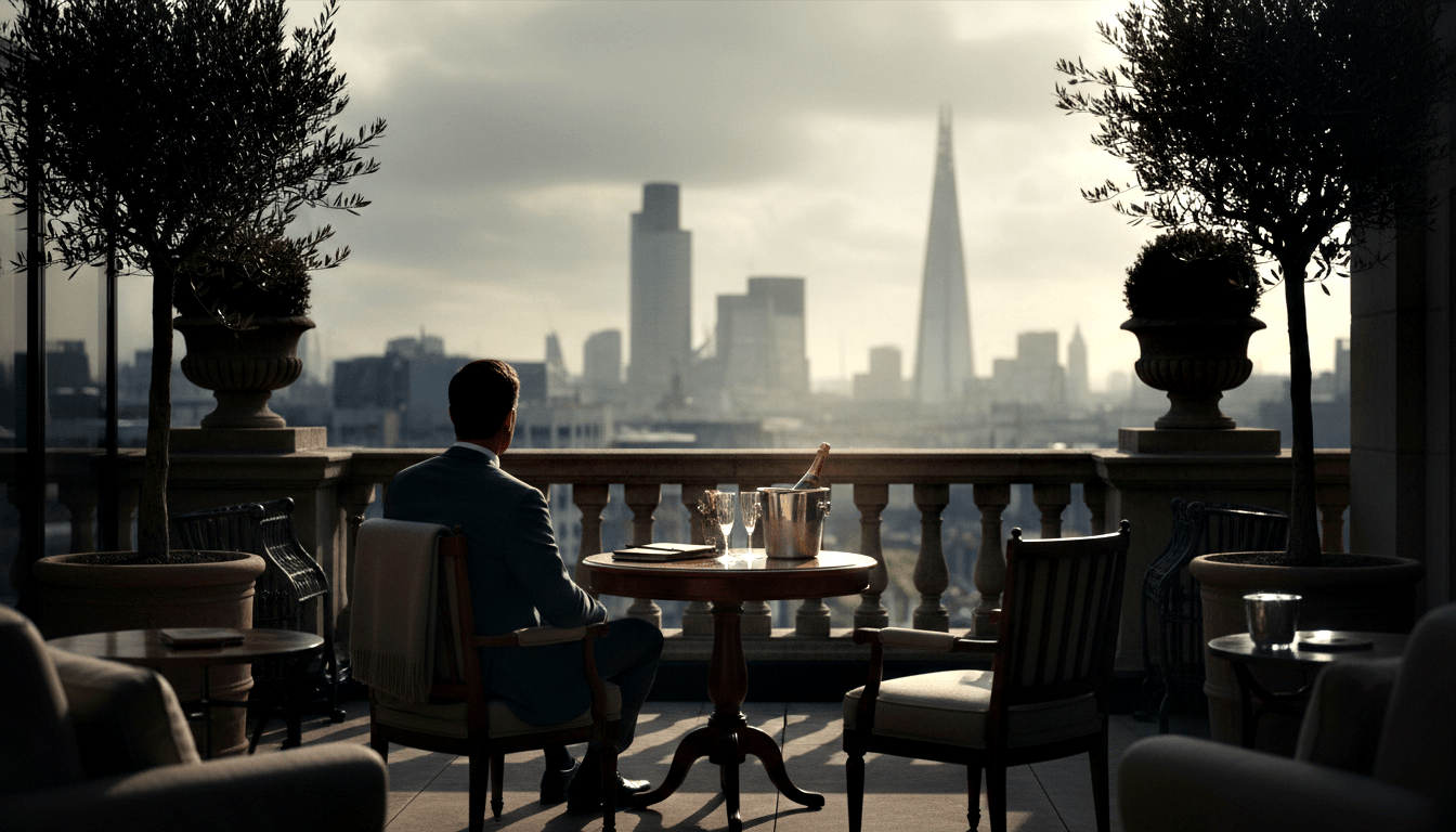 Man in blue-grey suit seated at round terrace table with champagne bucket and flutes, facing a hazy city skyline with a triangular tower.