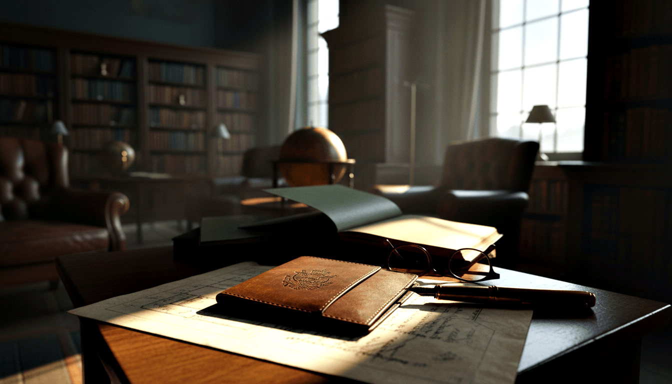Wooden desk with leather journal, fountain pen, glasses, and aged documents; bookshelves, armchair, globe, and large window behind.