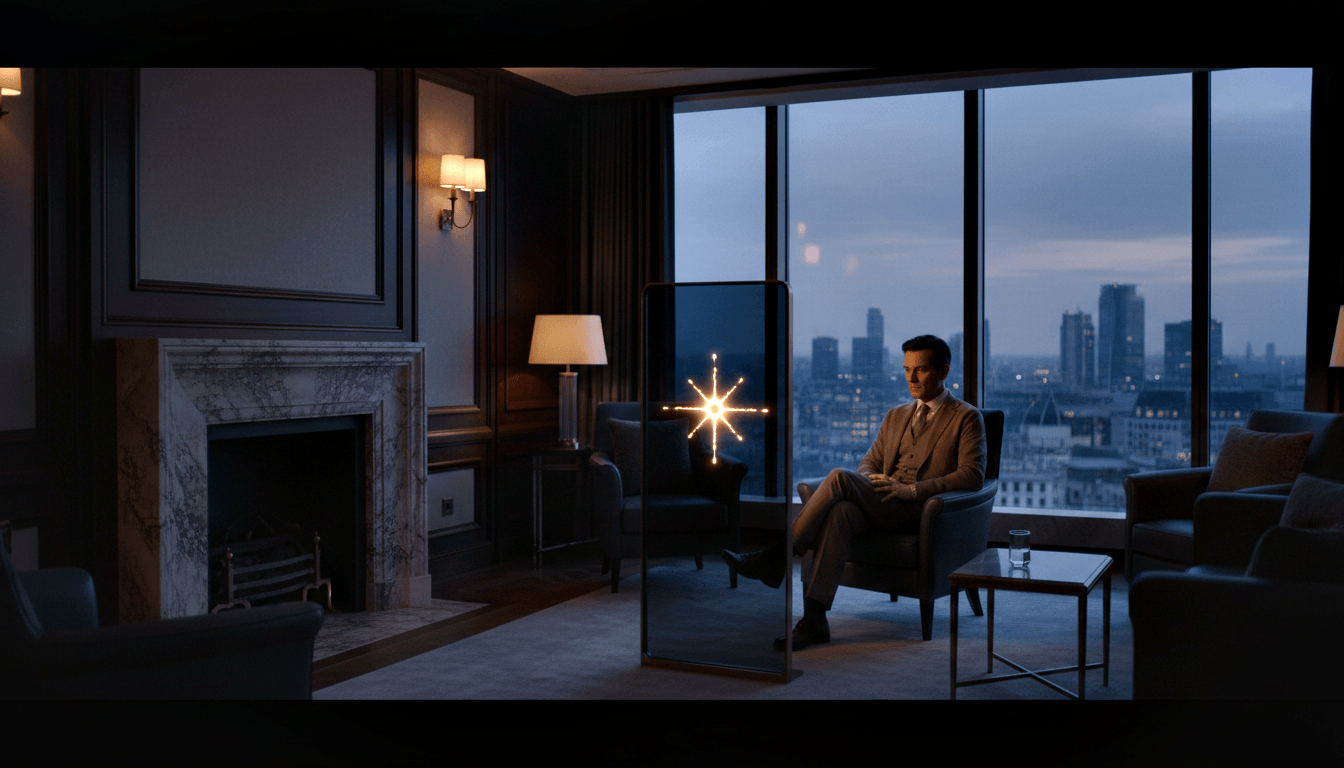 Man in grey-beige three-piece suit sits cross-legged in a grey armchair, navy-walled room with marble fireplace and city skyline at dusk.