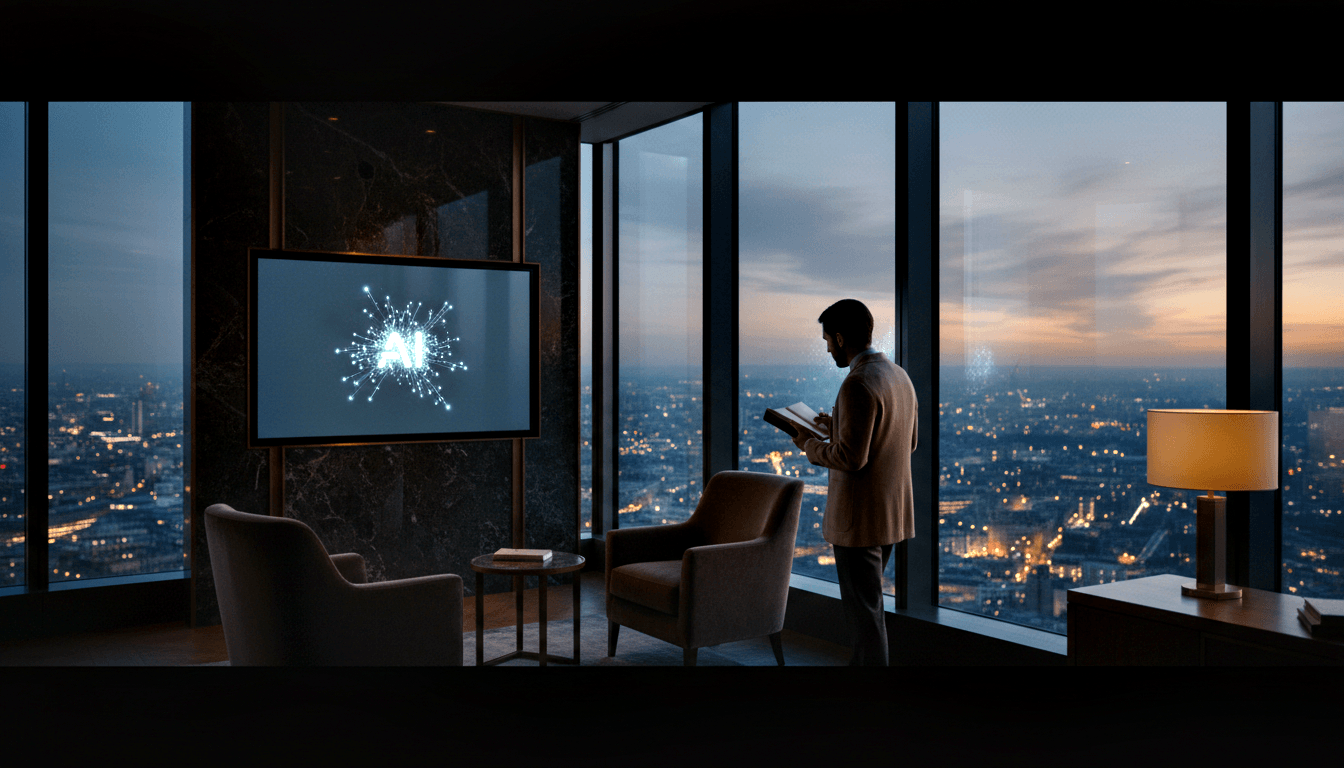 Man in tan blazer holds book before floor-to-ceiling windows with twilight cityscape; wall screen displays glowing 'AI' letters.
