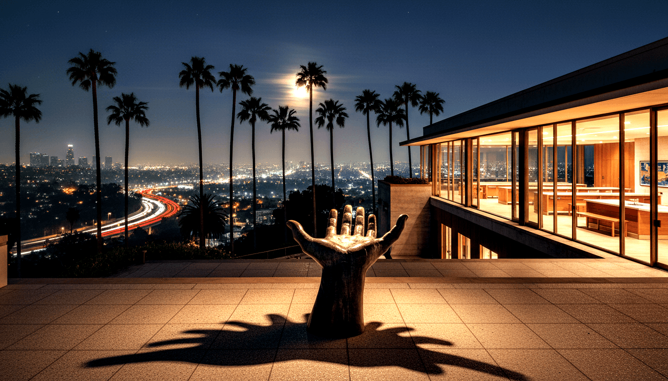 Pale stone hand sculpture on pedestal reaches toward full moon between silhouetted palms, amber-lit glass building at right.