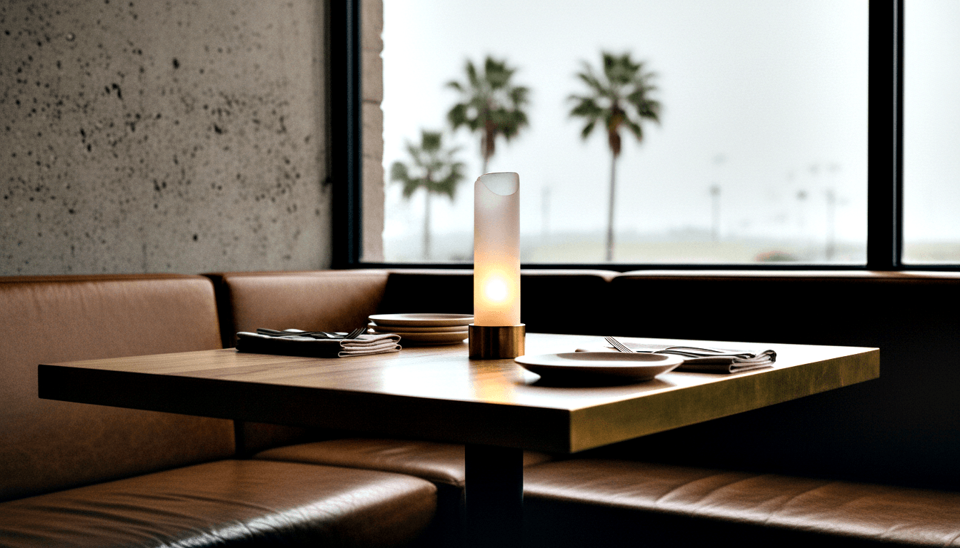 Corner restaurant booth with glowing frosted-glass lamp on dark hardwood table, flanked by stacked plates and rolled silverware.