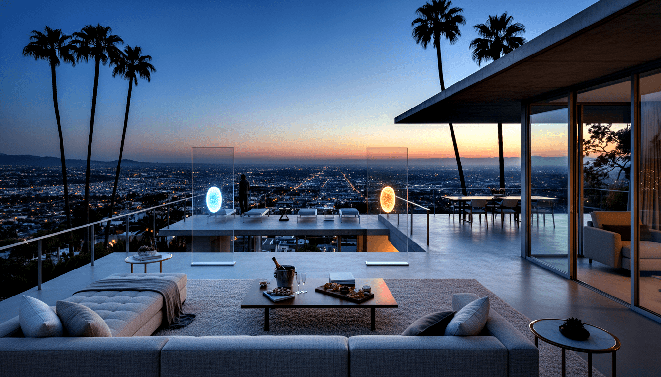 Modern outdoor terrace at twilight with sectional sofa, low coffee table, glowing oval light sculptures, and silhouetted figure at glass railing.
