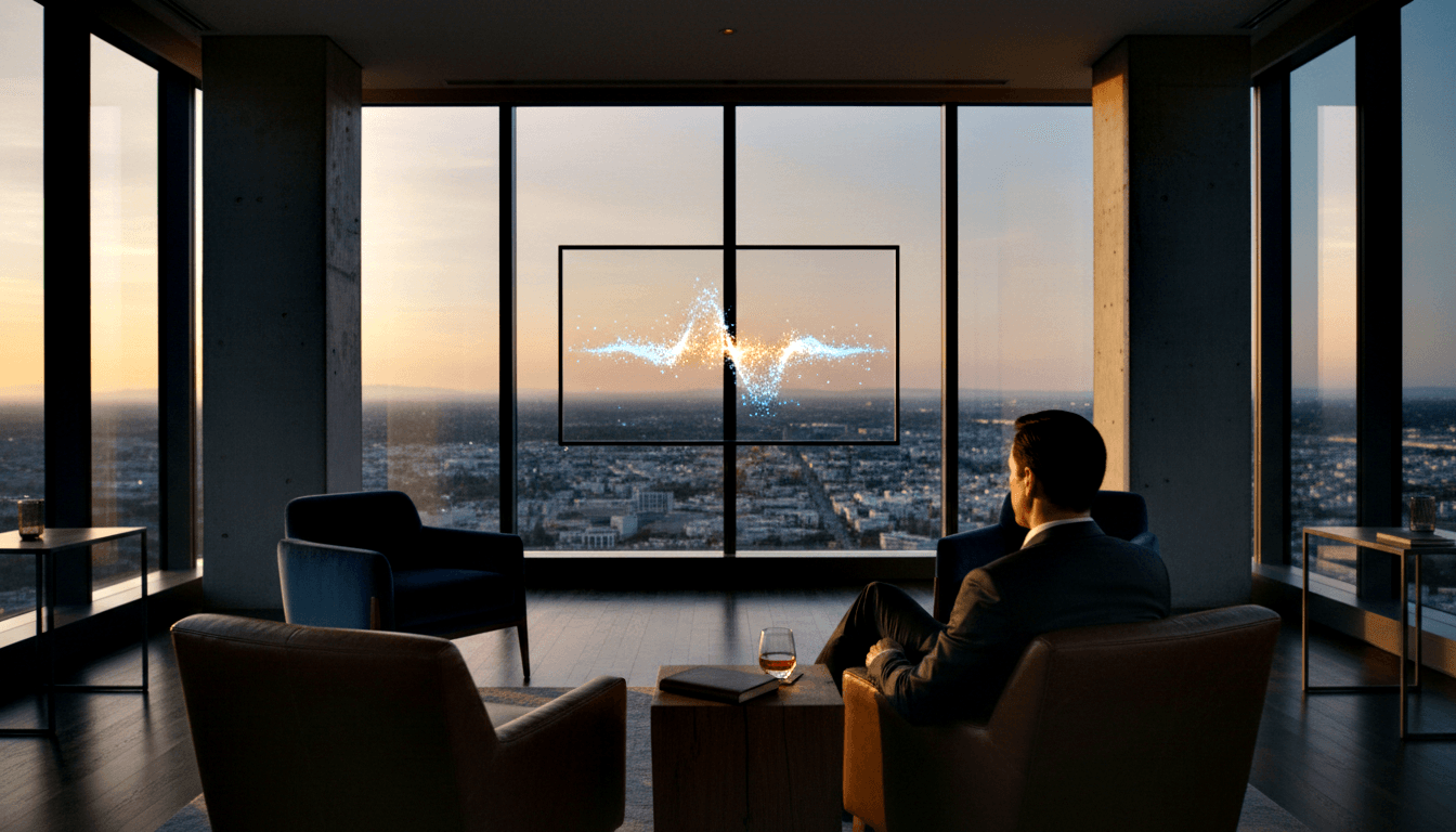 Man in dark suit in armchair, back to viewer, faces city sunset through floor-to-ceiling windows with glowing blue particle waveform.