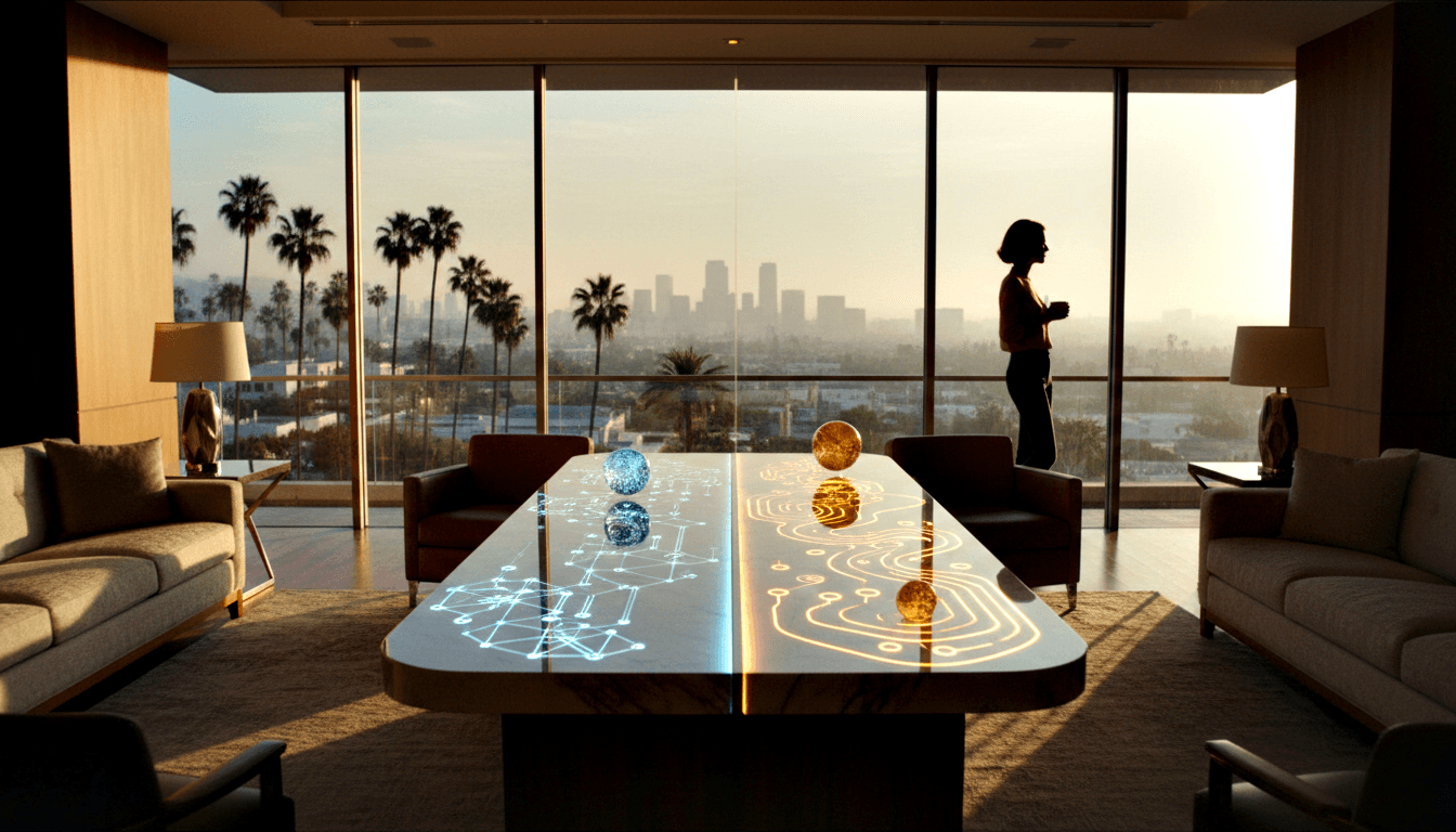 CGI interior with glowing table displaying circuit projections, three hovering orbs, floor-to-ceiling windows, and a silhouetted female figure.