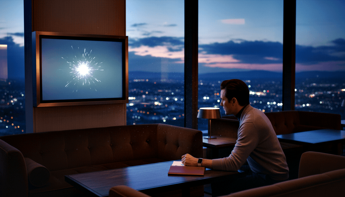 Man in gray sweater sits in profile at dark wooden table with red notepad; floor-to-ceiling windows show city skyline at twilight.