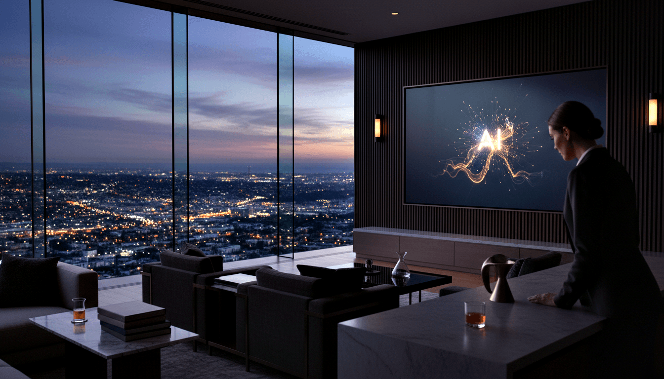Woman in dark blazer holds amber glasses and decanter at marble counter, facing wall-mounted screen with glowing emblem, city view at twilight.