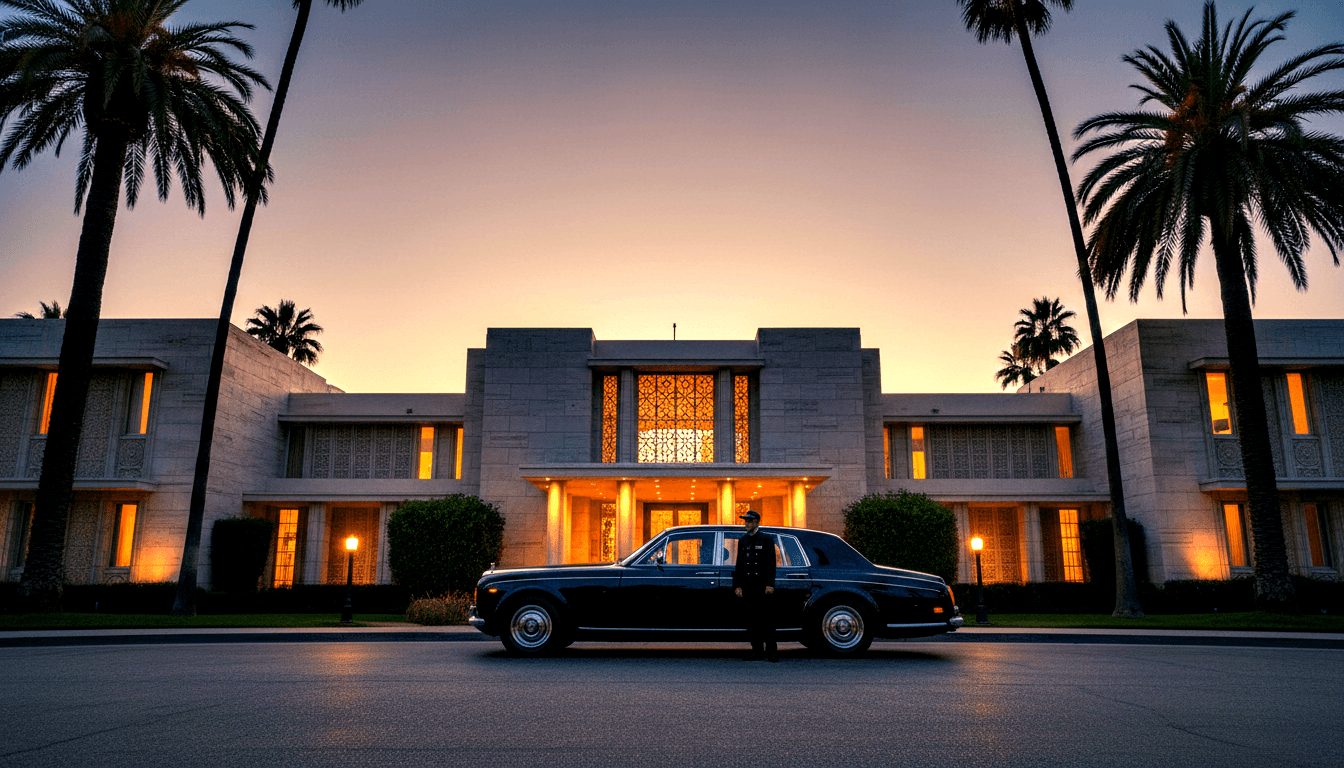 Art Deco Moorish stone building, illuminated lattice panels, tall palms, navy vintage sedan in foreground motor court at twilight.