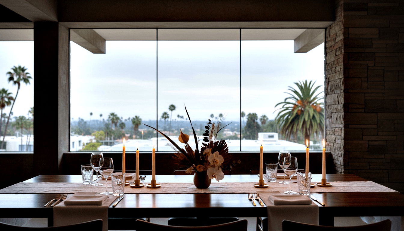 Dark wood dining table with gold flatware, crystal glassware, five lit ivory candles, and white orchid and burnt orange anthurium centerpiece.