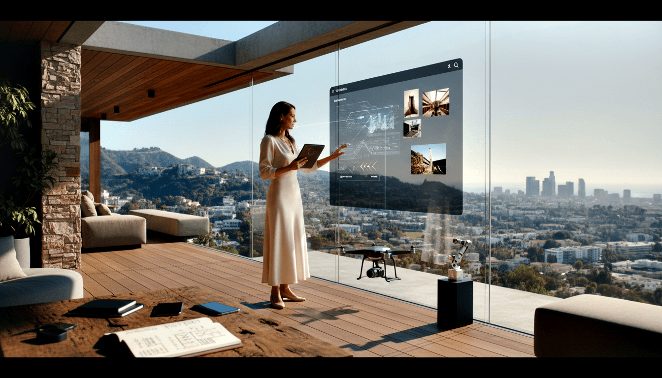 Woman in cream dress on wood-deck terrace holding a tablet, gesturing at a holographic panel with architectural diagrams.
