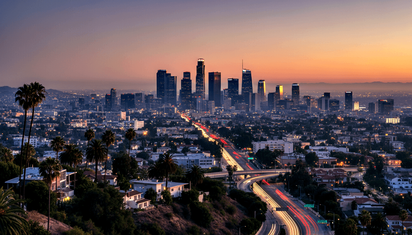 Dusk skyline of downtown skyscrapers viewed from a hillside, with palm trees, a freeway streaked with light trails, and glowing orange horizon.