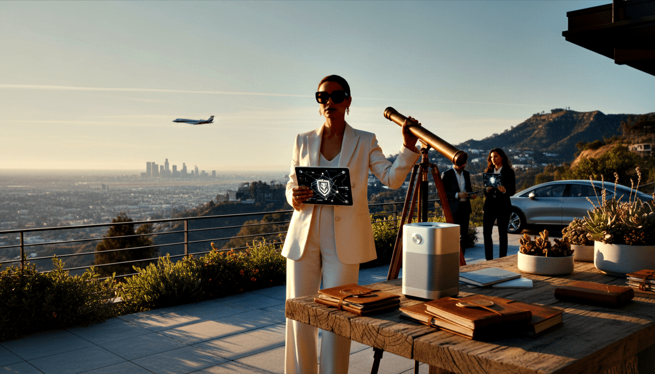 Woman in white blazer on outdoor terrace holds tablet showing shield and network graphic beside a brass telescope on wooden tripod.