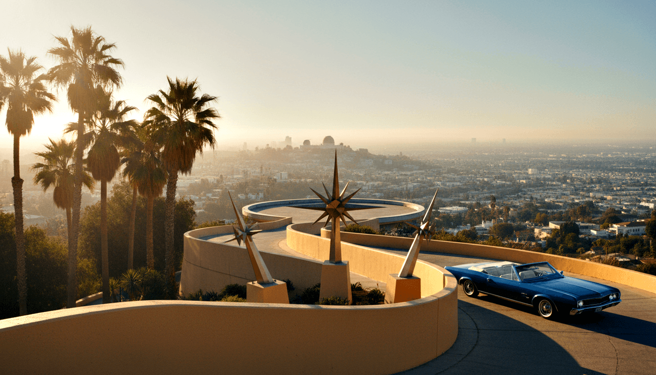 Deep navy blue classic convertible with white soft top on elevated concrete terrace, flanked by starburst metallic sculptures, cityscape behind.