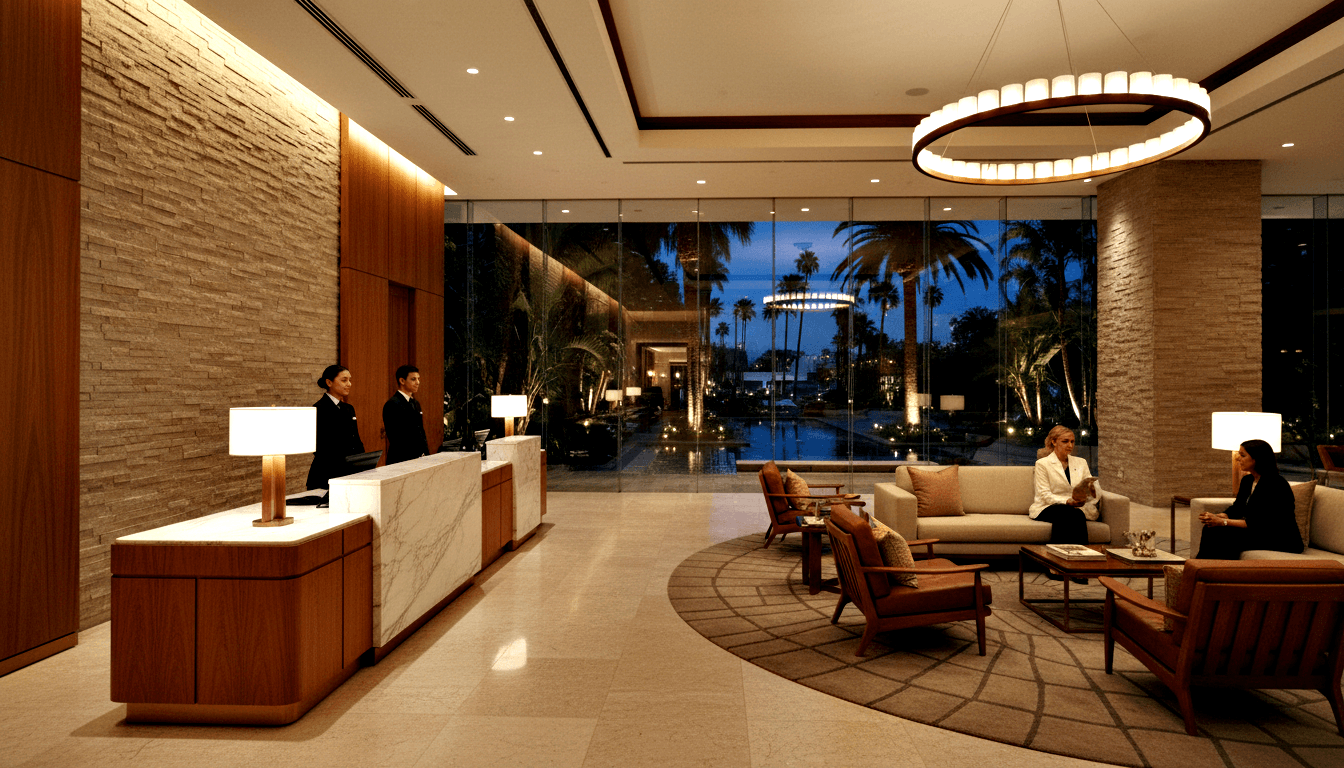 Hotel lobby at dusk: marble reception desk, dark-uniformed staff, cognac armchairs, chandelier, glass walls with palm trees and pool.