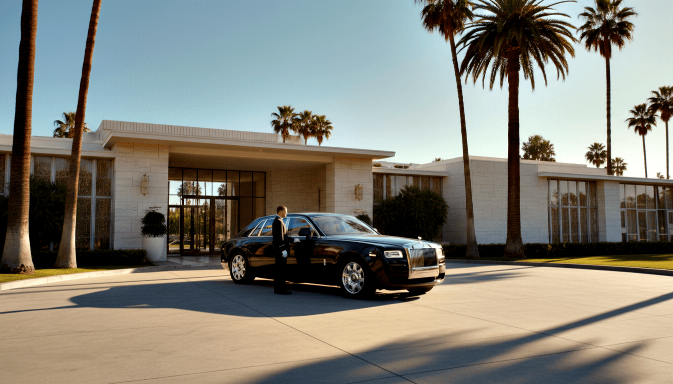 Black sedan with chrome grille parked on sunlit forecourt before a cream limestone building, suited figure standing at rear passenger door.