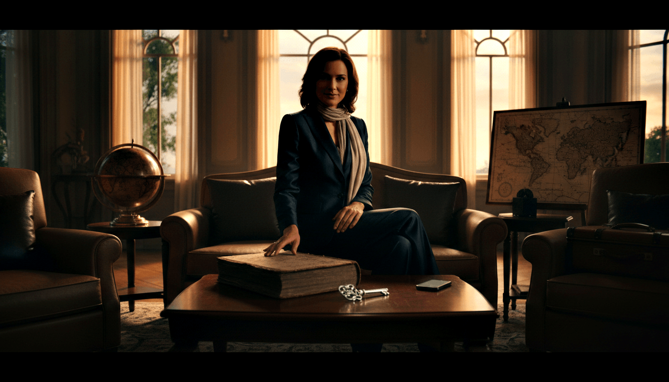 Auburn-haired woman in navy suit sits on leather sofa in formal study with arched windows, antique book, and skeleton key.