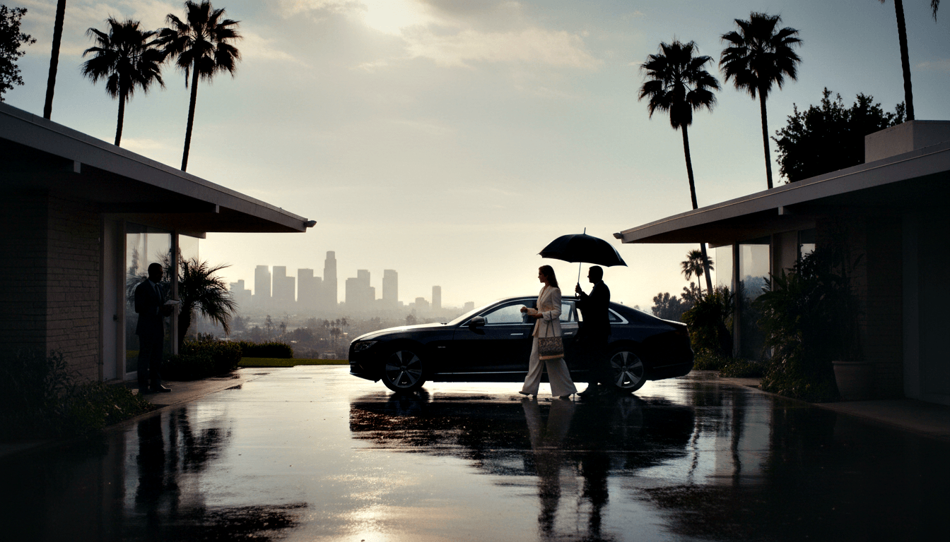 Dark executive sedan on wet driveway between modern building wings; woman in white trousers walks toward car under a large black umbrella.