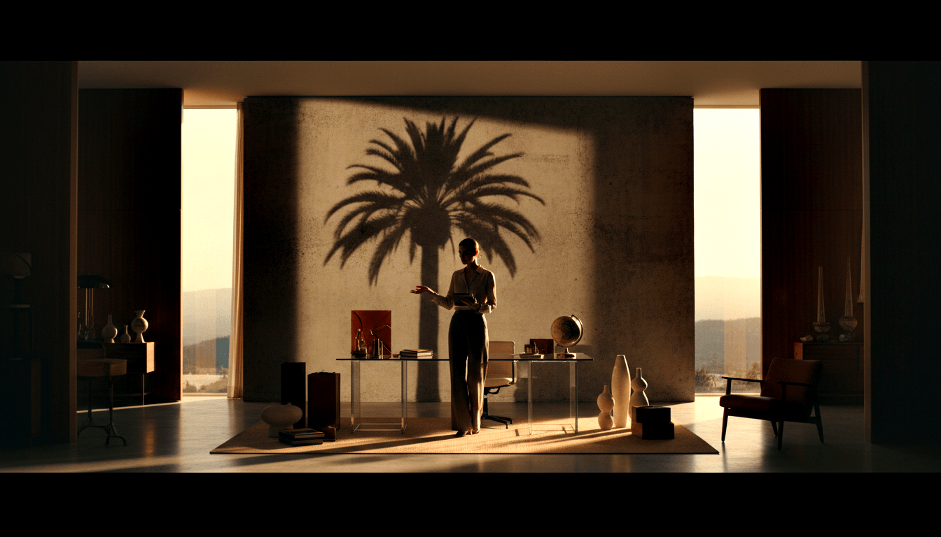 Slender figure in light blouse and dark wide-leg trousers stands behind a glass desk in a symmetrical modernist interior.