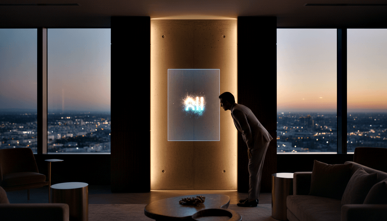 Adult in light clothing leans forward examining a glowing cyan-white panel on a curved concrete pillar in a high-rise interior.