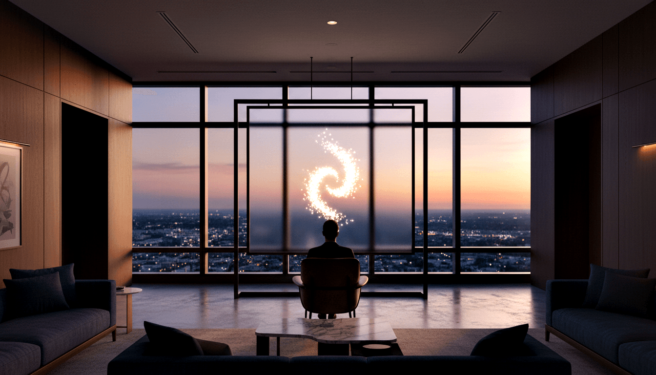 Silhouetted figure in armchair facing a glowing white-gold spiral vortex before a floor-to-ceiling window with amber-lavender dusk sky.