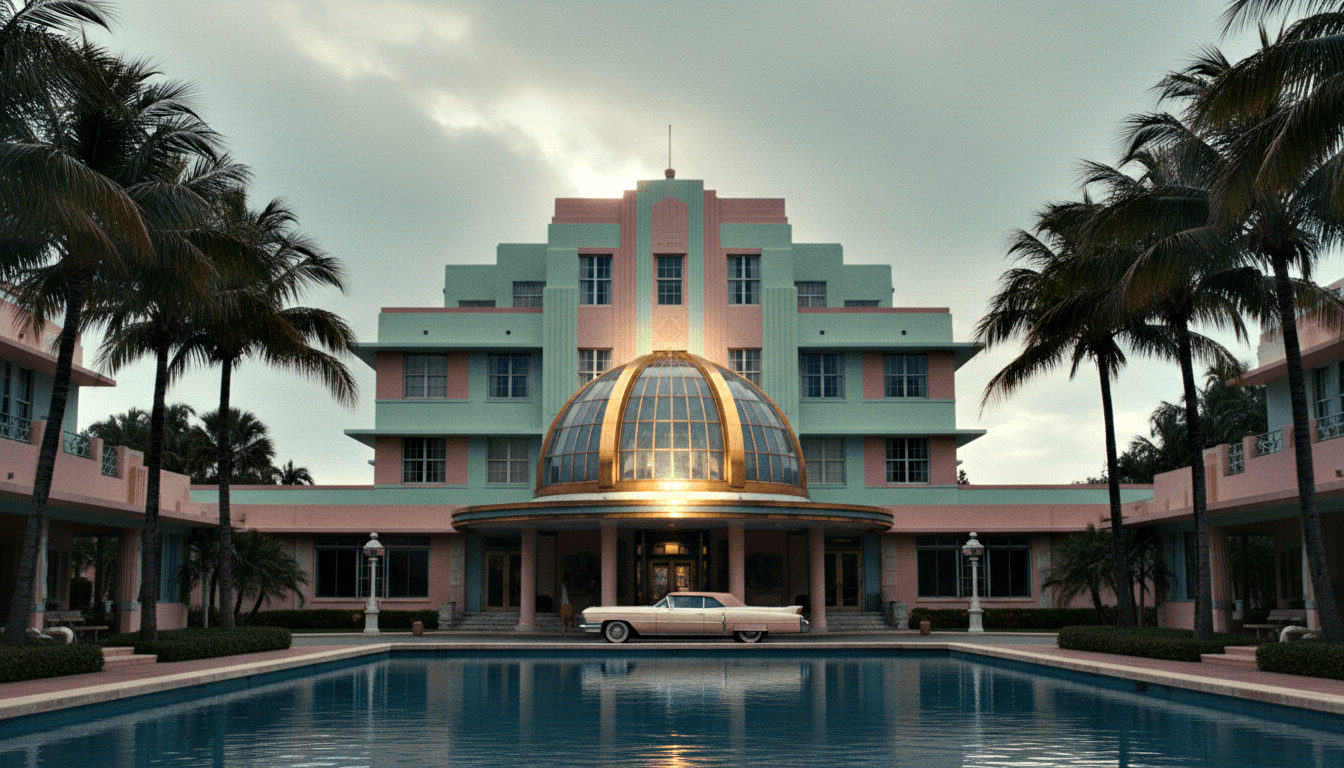 Pastel pink hotel, mint-green upper tiers, glowing gold glass dome, cream vintage car, rectangular pool with palms at twilight.